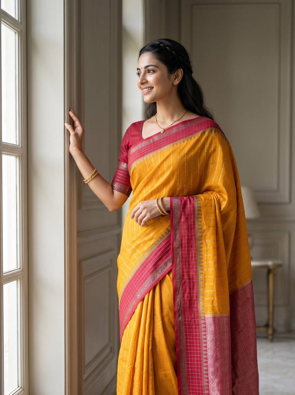 Semi Silk Mustard Saree with Red Temple Border and Zari Woven Pallu