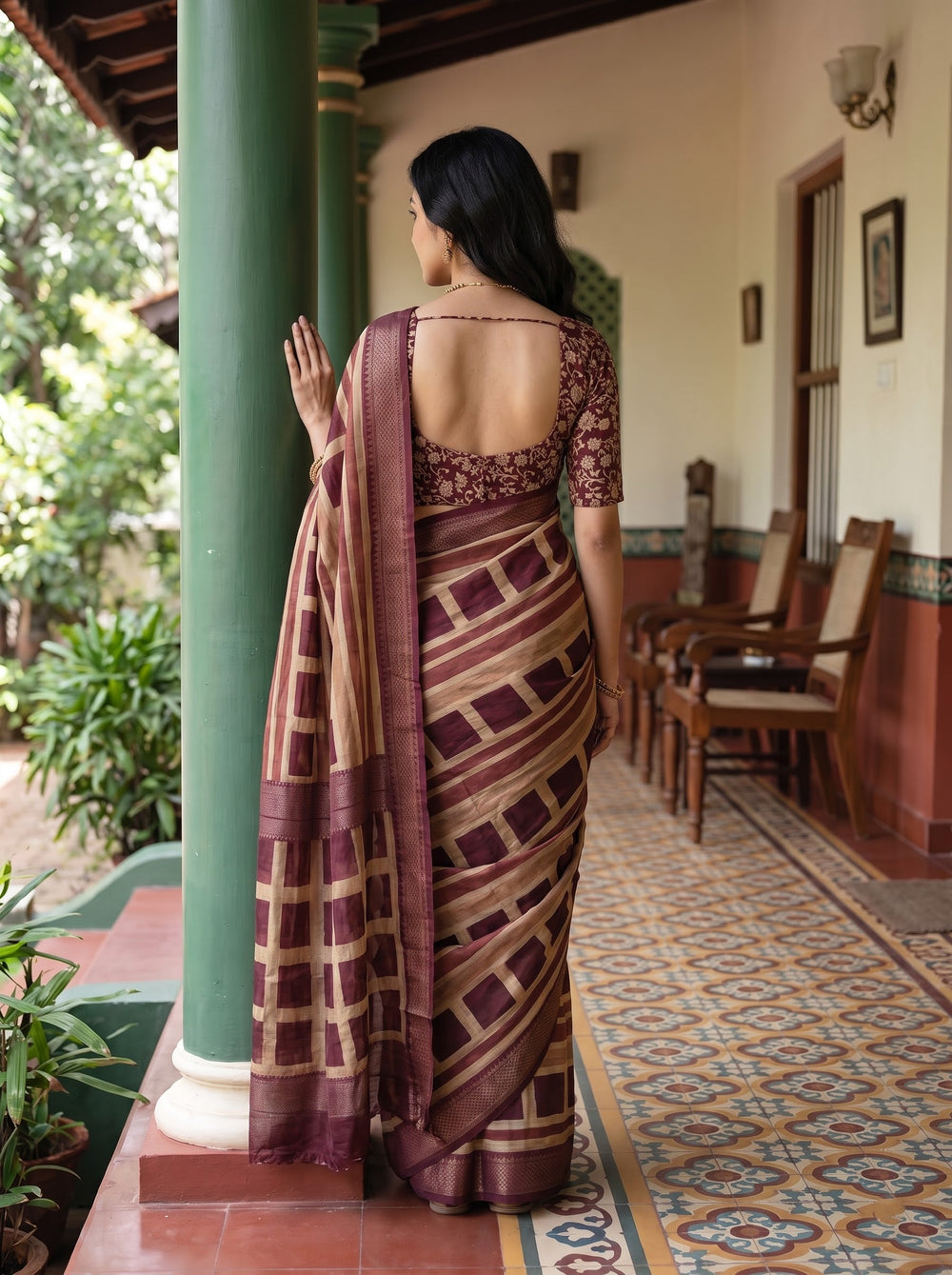 Pure Chanderi Maroon Tan Checkerboard Stripe Print Chevron Border Saree