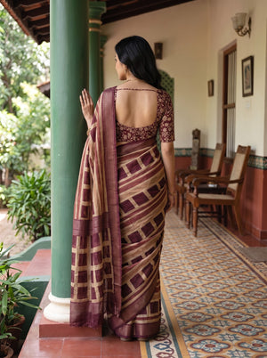 Pure Chanderi Maroon Tan Checkerboard Stripe Print Chevron Border Saree