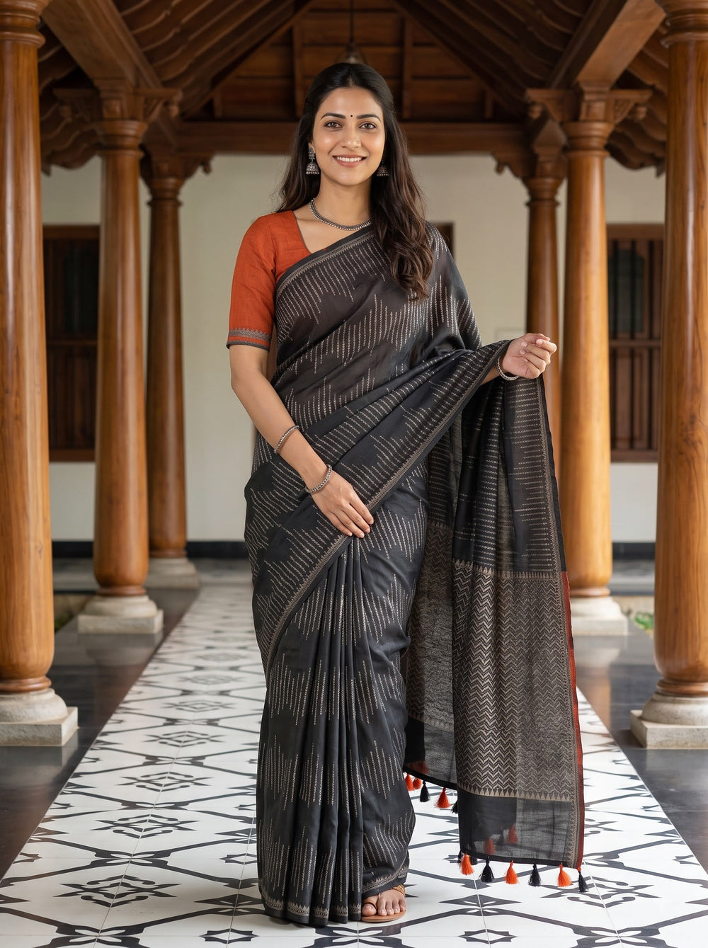 Matka Silk Black Gold Zigzag Dotted Chevron Pallu