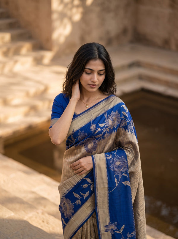 Banarasi Navy Golden Zari Floral Peony Border Saree with Tassels