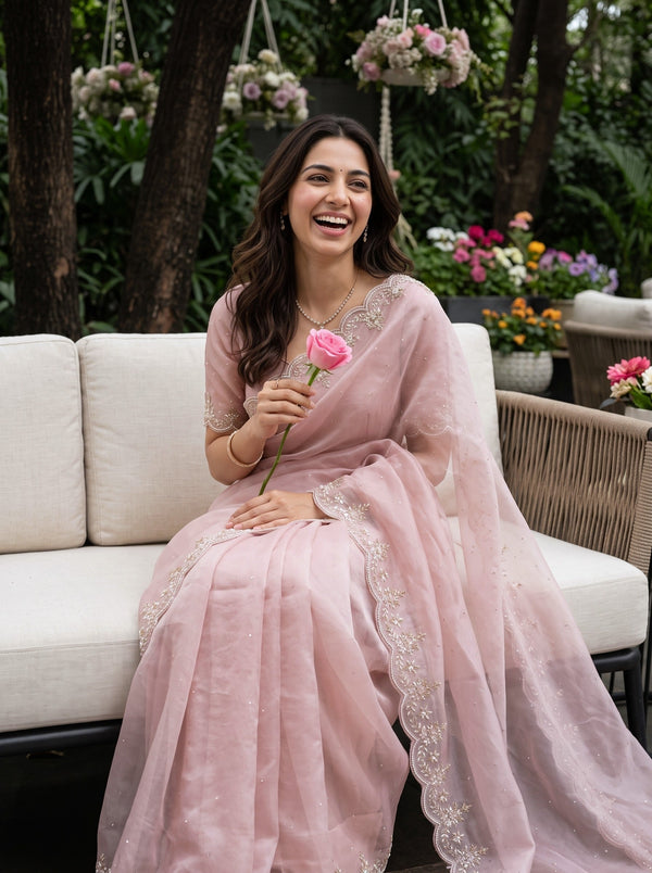 Organza Dusty Pink Beaded Floral Scalloped Border Saree