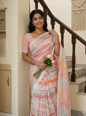 Cotton White Saree with Watercolor Leaf Trellis Print