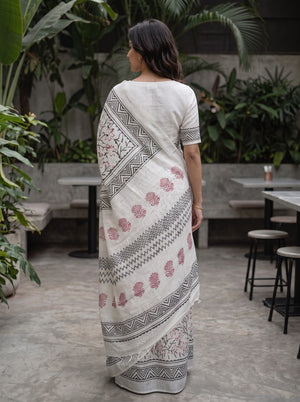 Linen White Block Print Saree with Black Zigzag Border and Red Floral Vines