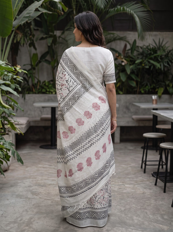 Linen White Block Print Saree with Black Zigzag Border and Red Floral Vines