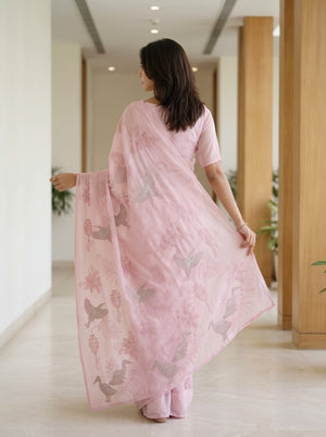 Organza Dusty Pink Crane Bird Floral Embroidered Saree