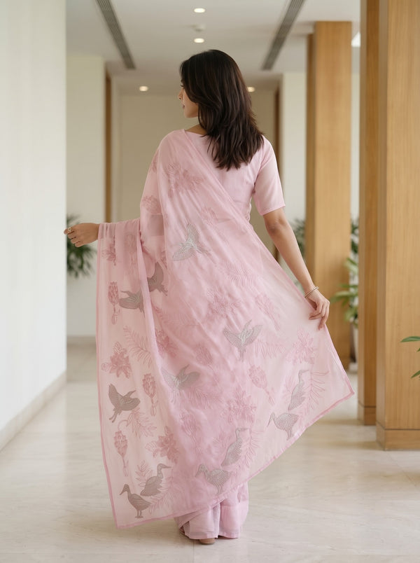 Organza Dusty Pink Crane Bird Floral Embroidered Saree