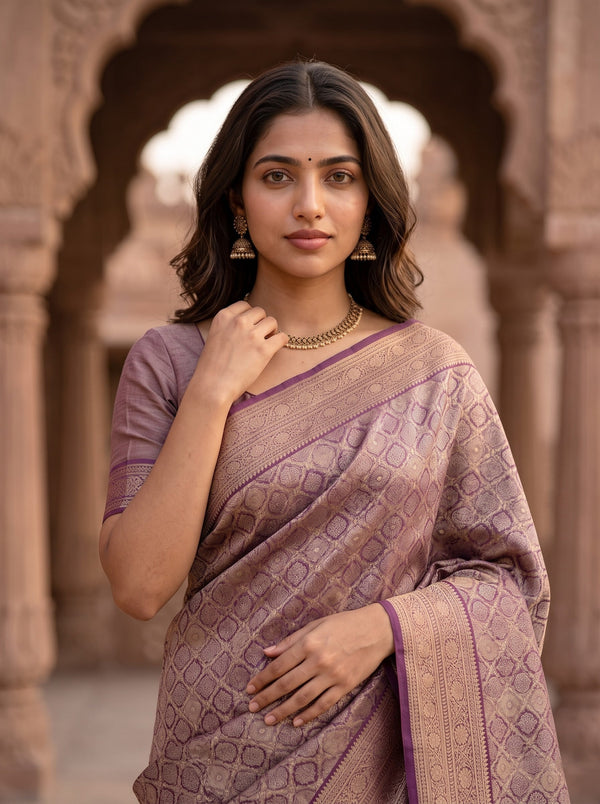 Banarasi Brocade Silk Saree in Purple with Golden Diamond Lattice Design