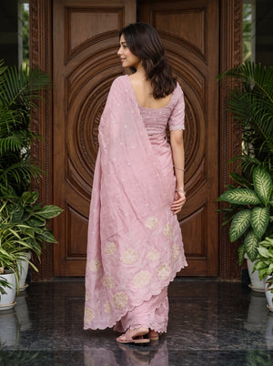 Organza Mauve Pink Golden Floral Applique Border Saree