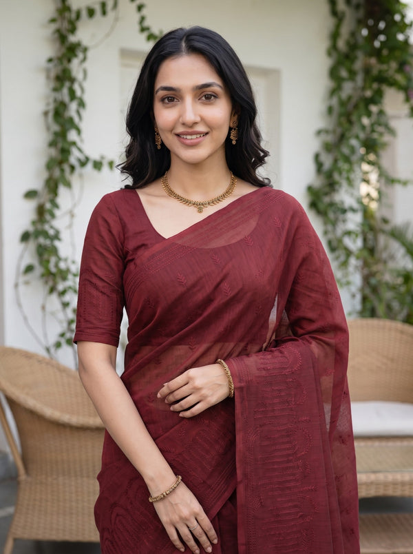 Mul Chanderi Maroon Self-Tone Dobby Weave Leaf Border