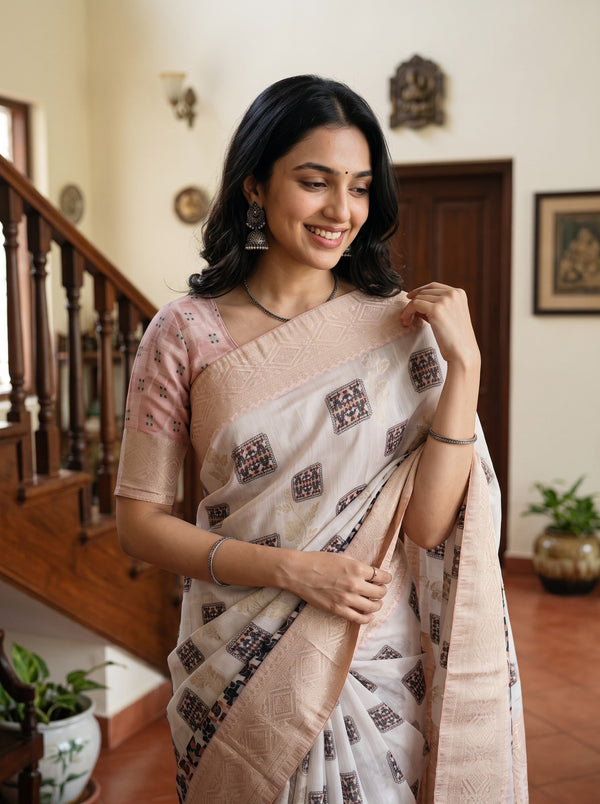 Semi Tussar Off-White Mosaic Print Saree with Peach Border and Tassels