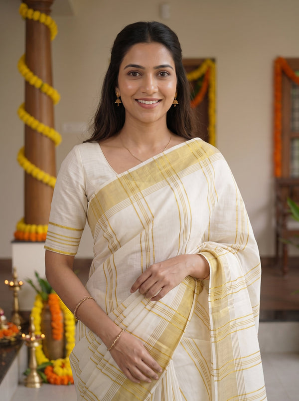 Cotton Cream Pinstripe Ready to Wear Onam Special Kerala Saree with Kasavu Border