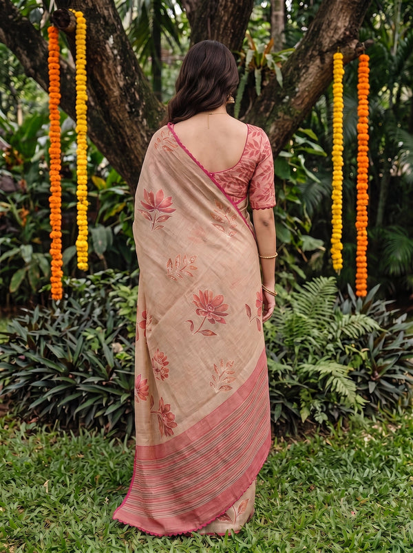 Tissue Beige Lotus Print Onam Kerala Saree with Scalloped Pink Border