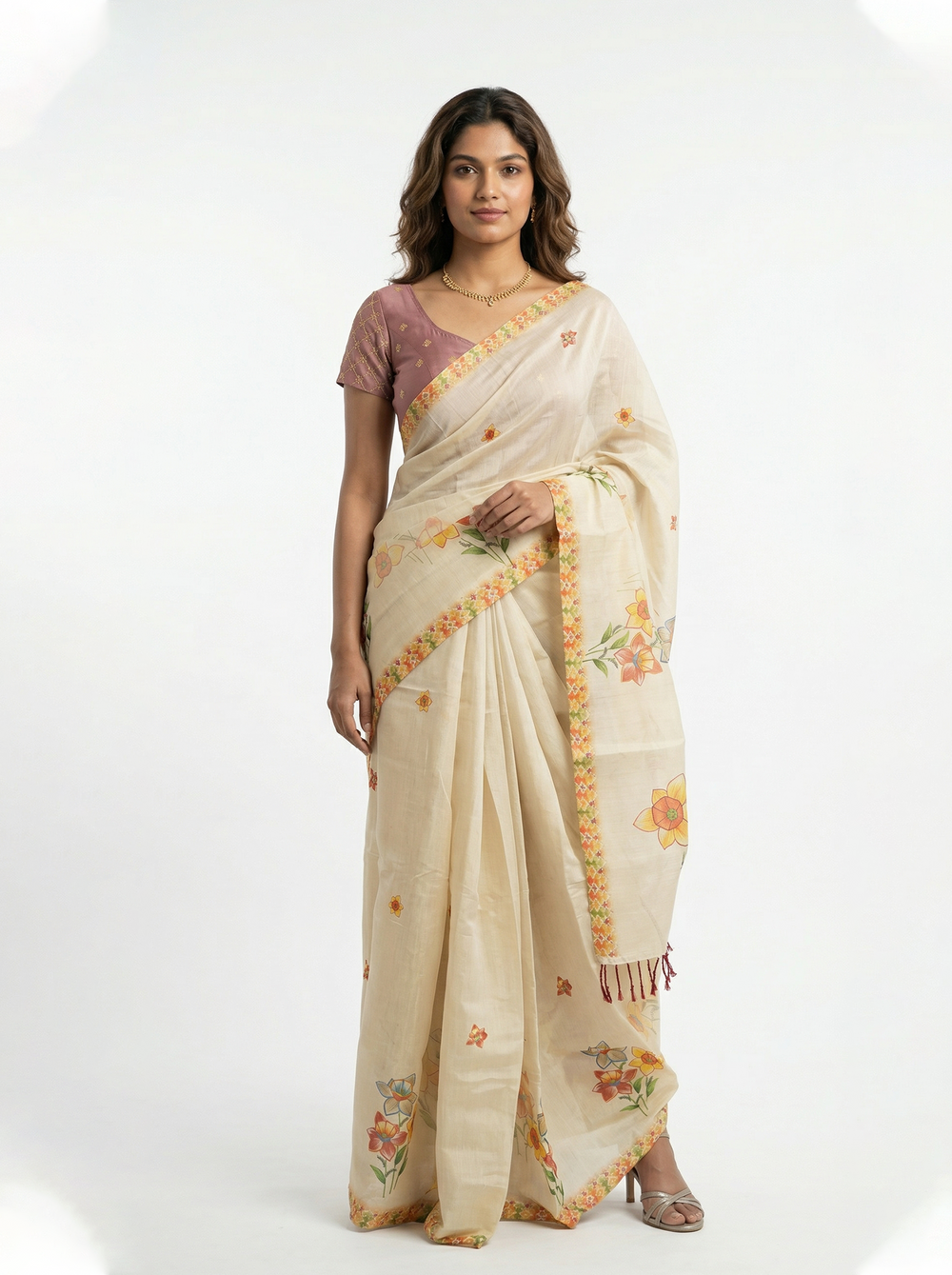 Tissue Silk Cream Printed Floral Set Saree with Diamond Border