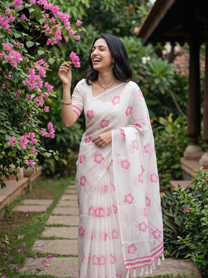 Cotton White Saree with Pink Flower Print and Striped Border