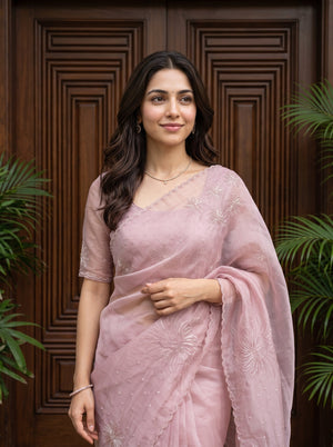 Organza Mauve Pink Sunflower Bead Sequin Cord Work Embroidered Pallu Saree