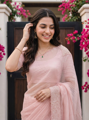 Organza Blush Pink Saree with Sequin Border and Scalloped Edge