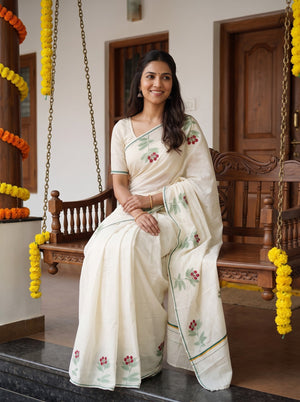 Cotton Off-White Green Red Berry Print Onam Special Kerala Saree
