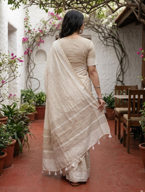 Cotton Off-White Zigzag Self-Tone Print Saree