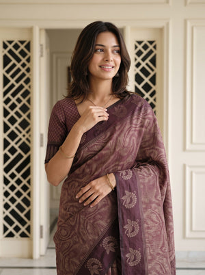 Matka Silk Wine Brown Paisley Swirl Floral Bouquet Border