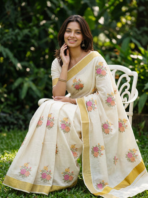 Cotton Cream Pinstripe Multicolor Rose Embroidery Onam Special Kerala Saree with Gold Zari Border