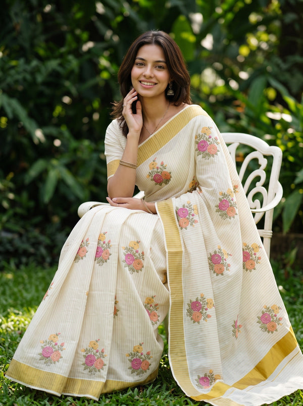 Cotton Cream Pinstripe Multicolor Rose Embroidery Onam Special Kerala Saree with Gold Zari Border