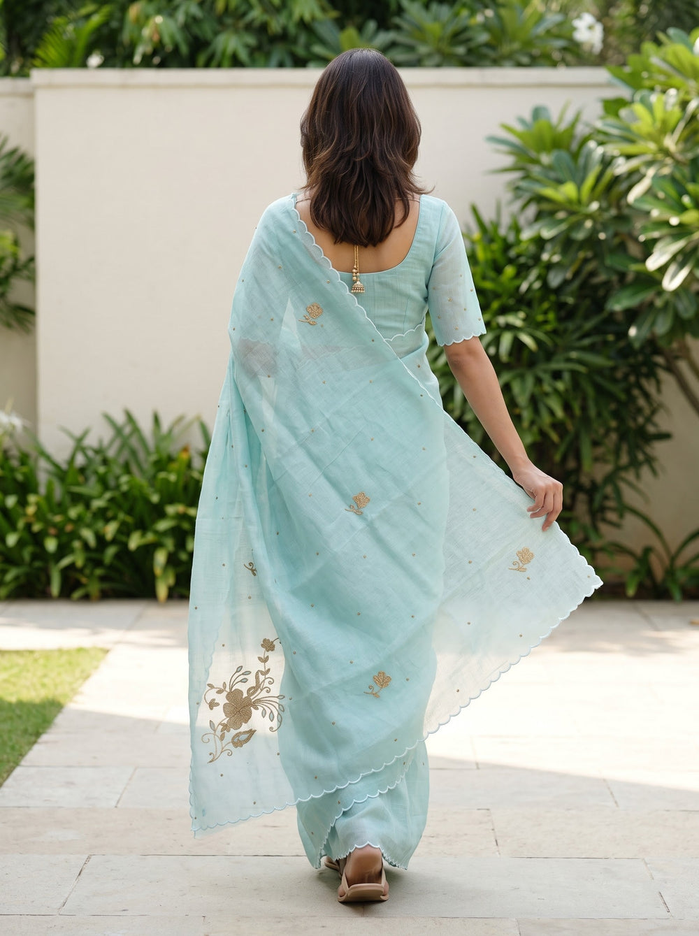 Linen Mint Green Saree with Golden Beadwork Floral Corner Motif and Scattered Butta