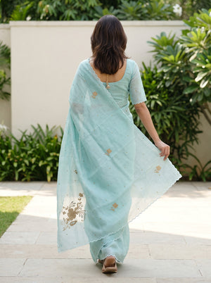Linen Mint Green Saree with Golden Beadwork Floral Corner Motif and Scattered Butta