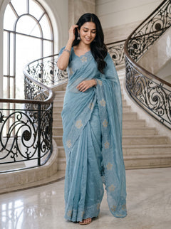 Organza Teal Blue Floral Vine Embroidered Cutwork Applique Border Saree
