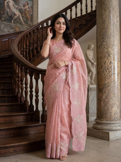Organza Salmon Pink Leaf Vine Sequin Cutwork Flower Applique Border Saree