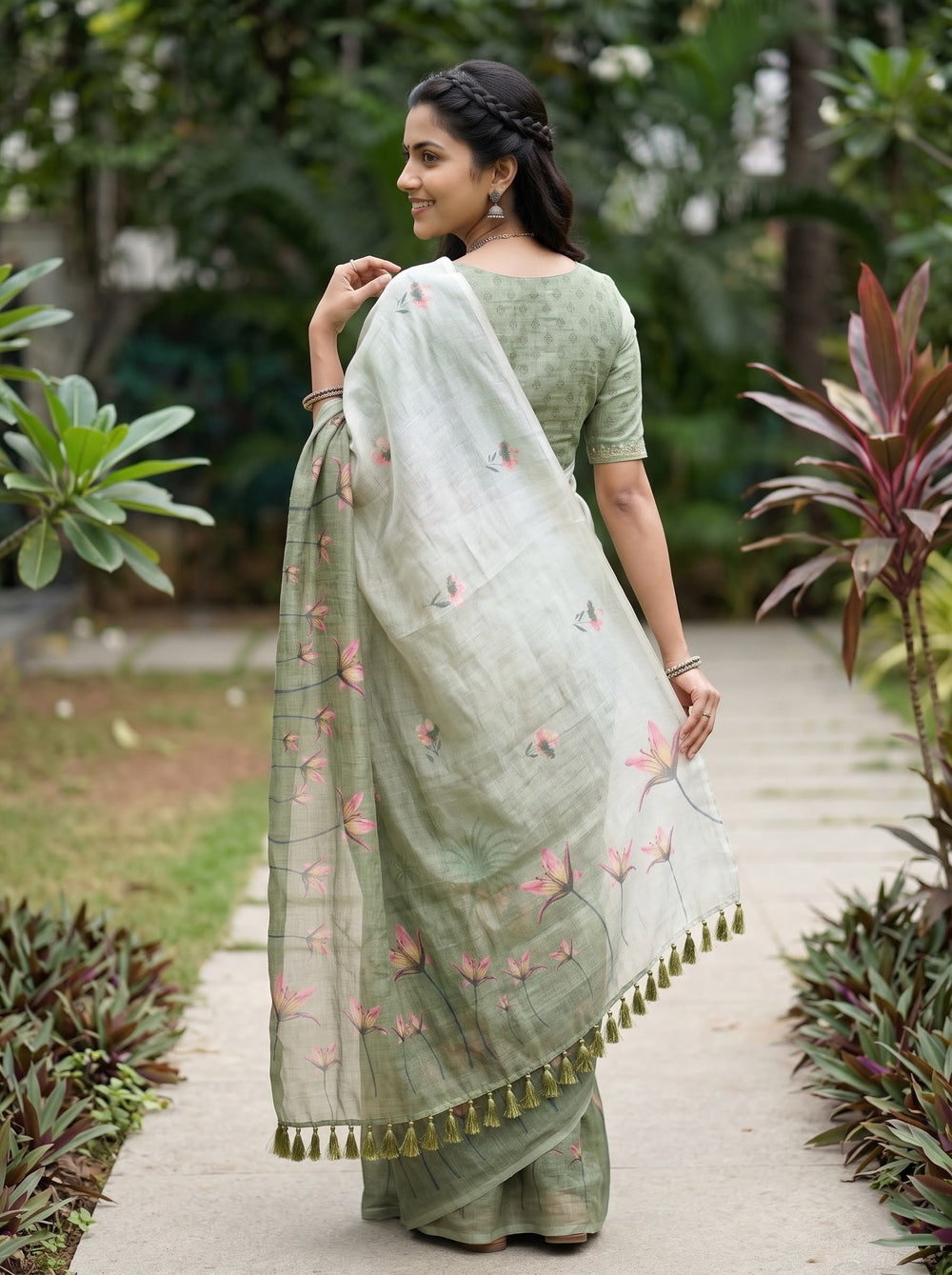 Cotton Green Saree with Pink Floral Print and Tassels