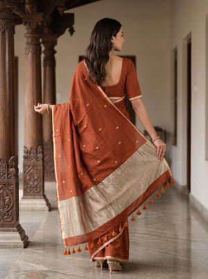Cotton Rust Orange Golden Dotted Butta Shimmer Pallu Tasseled Saree