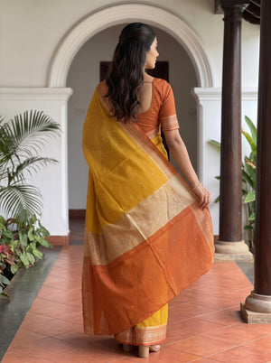 Semi Chanderi Silk Golden Yellow Checkered Rust Orange Zari Border Saree