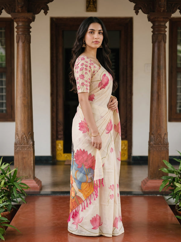 Tissue Cream Lotus Stem Print Onam Kerala Saree with Tassel Edge