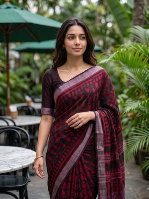 Linen Black Red Batik Floral Print Saree
