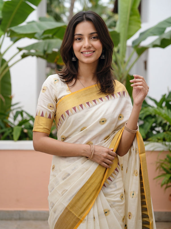 Cotton Off-White Gold Coin Butta Onam Special Kerala Saree