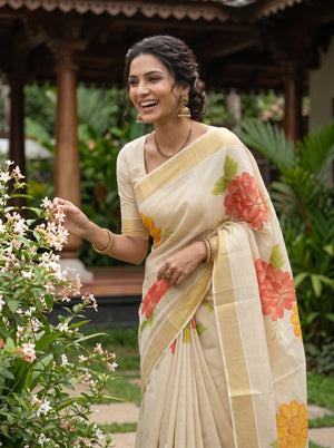 Tissue Silk Cream Pink-Yellow Floral Print Set Saree