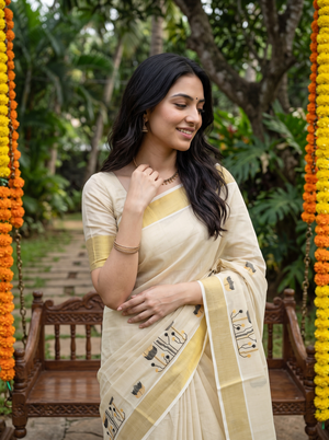 A woman wearing a cream-colored saree with yellow and black printed motifs, standing in a garden setting with wooden benches and orange marigold garlands.