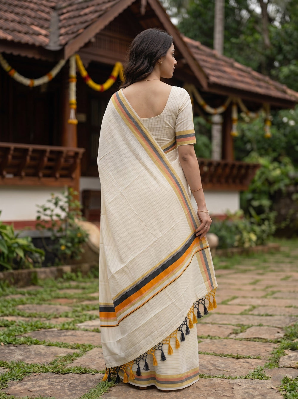 A woman wearing a cream-colored cotton saree with yellow, orange, and blue striped borders, standing outdoors in front of a traditional house.