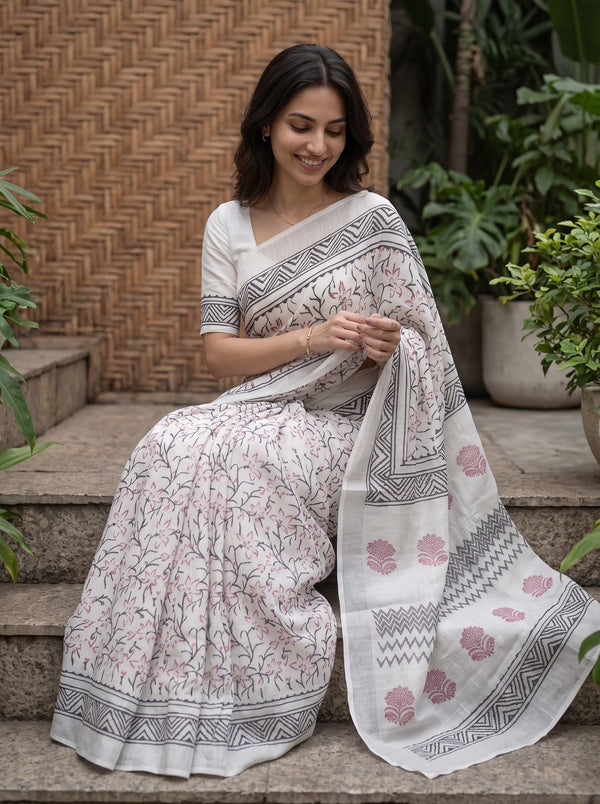 Linen White Block Print Saree with Black Zigzag Border and Red Floral Vines