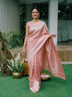 Kanjivaram Tissue Silk Peach Pink Saree with All-Over Floral Jaal Weave & Wide Border