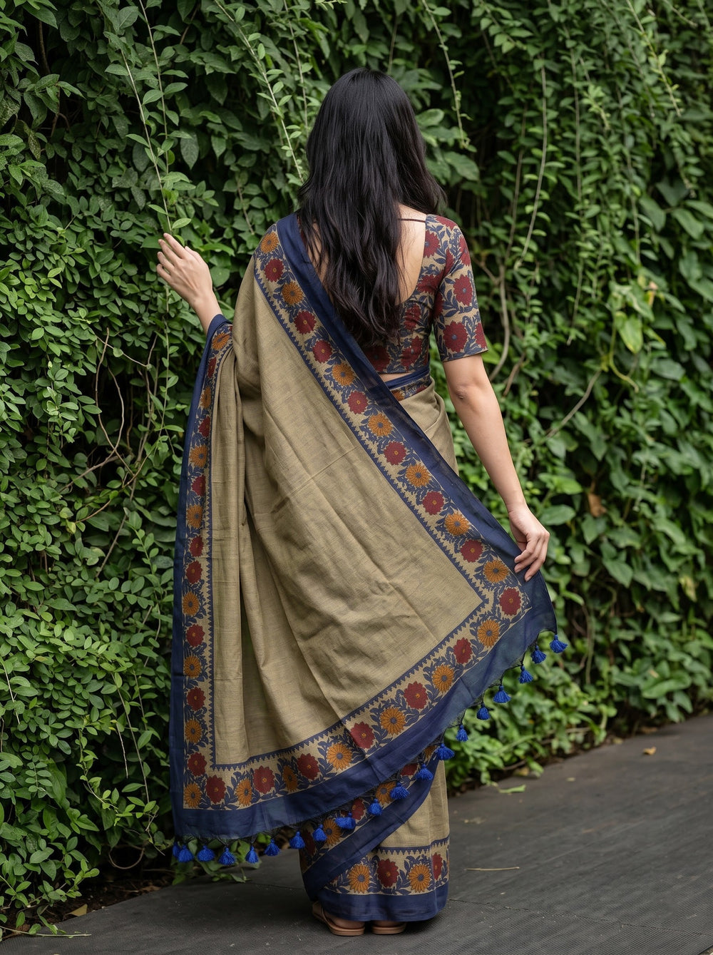 Cotton Beige Saree with Floral Print and Navy Blue Border
