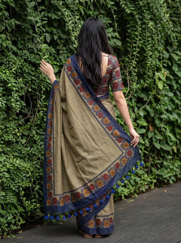 Cotton Beige Saree with Floral Print and Navy Blue Border