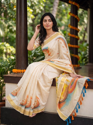 Cotton Cream Kerala Mural Traditional Print Kerala Kasavu Saree