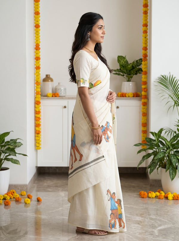 Cotton Cream Off-White Children at Play Illustrated Print Onam Kerala Saree