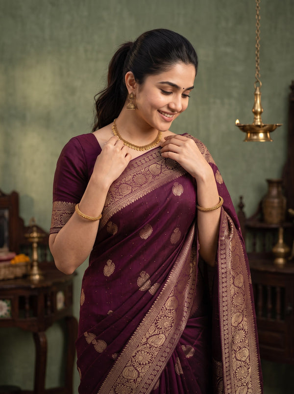 Banarasi Silk Wine Round Motif Saree with Floral Zari Border