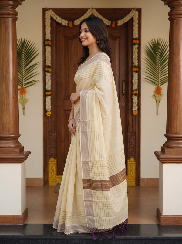 Tissue Cream Golden Checkered Brown Pallu Onam Kerala Saree