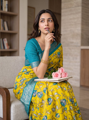 Synthetic Yellow Lotus Print Saree with Teal Silver Zari Pallu