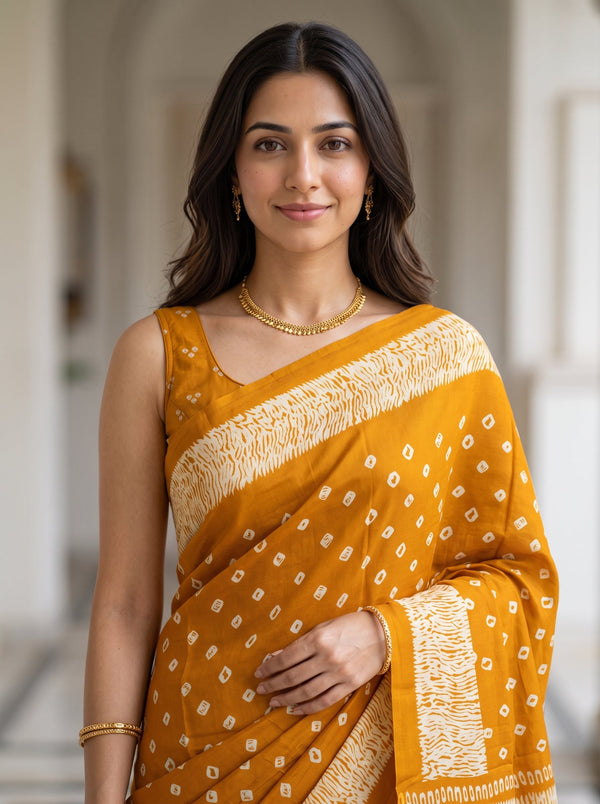 Synthetic Mustard Yellow Square Dot Print Saree