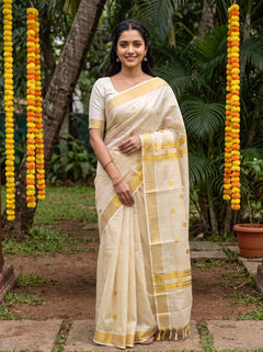 Tissue Cream Golden Polka Dot Zigzag Pallu Onam Kerala Saree